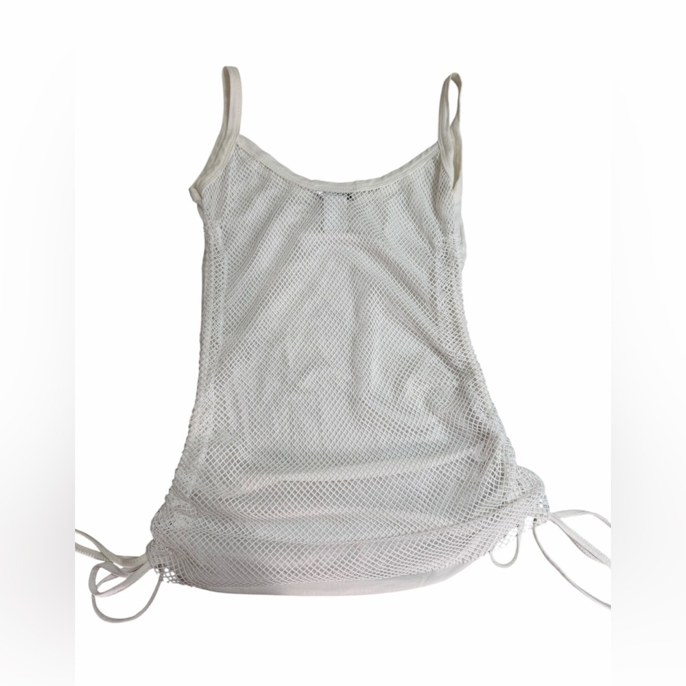 Vintage Y2K White Mesh Back Ruched Sides Drawstring Spaghetti Strap Cami